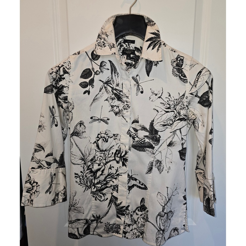 Talbots Petites 2P Stretch Button‎ Down Shirt White Black Floral Butterfly Toile